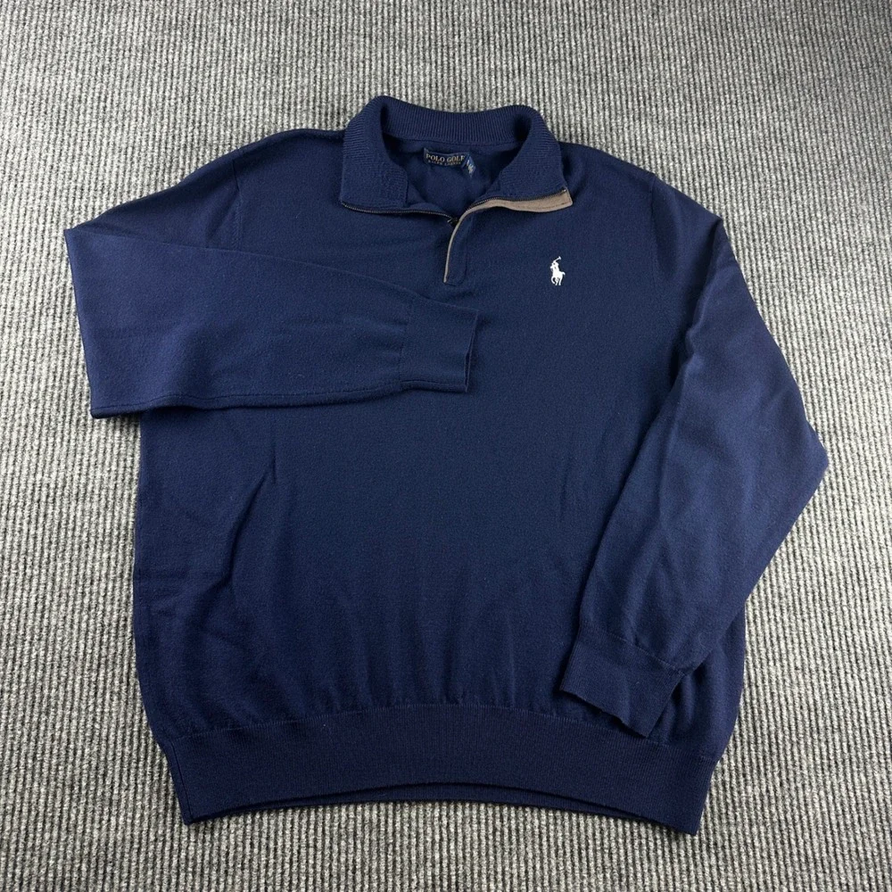 Polo Golf Ralph Lauren Mens XL Navy Blue 100% Merino Wool Quarter Zip Sweater
